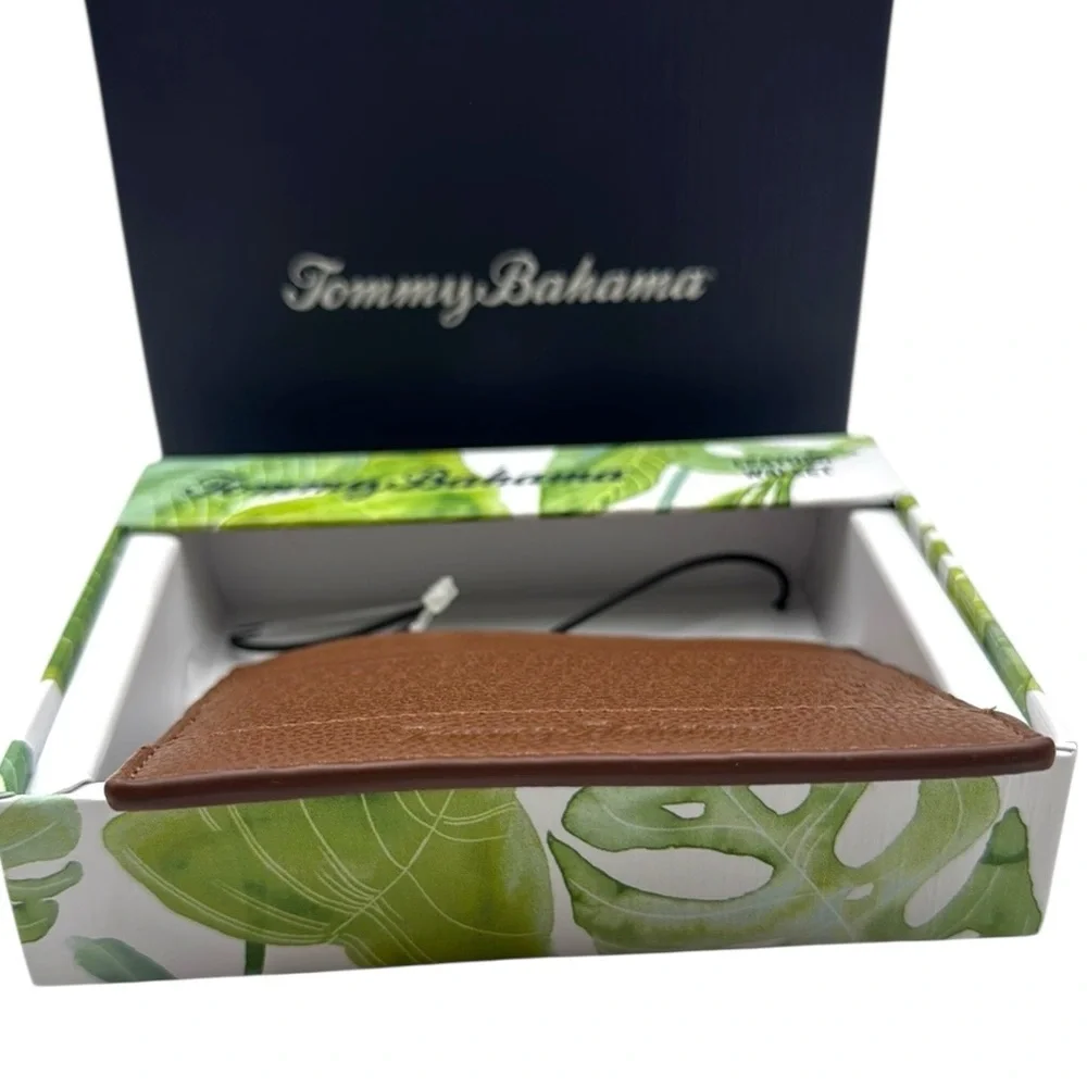 Tommy Bahama Tan Basket Weave Leather Card Case Slim Wallet Men's